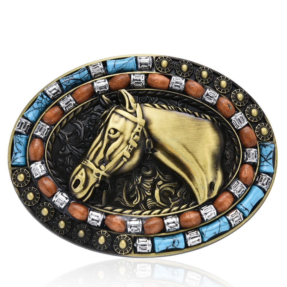 8543 Horse Belt Buckle , Western Long Horn Bull BuckleVintage Cowboy Gold